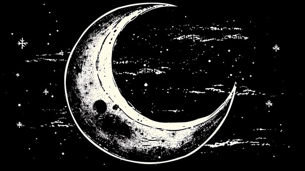 Uma bela ilustração de uma lua crescente A lua é branca e o fundo é preto A lua é cercada por estrelas