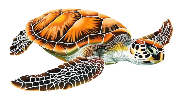 Foto uma bela ilustração de uma tartaruga marinha com uma concha laranja e amarela e barbatanas verdes a tartaruga está voltada para a esquerda do espectador
