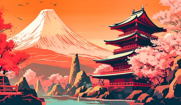 Uma bela imagem de castelo japonês e flores de cerejeira com o Monte Fuji no fundo