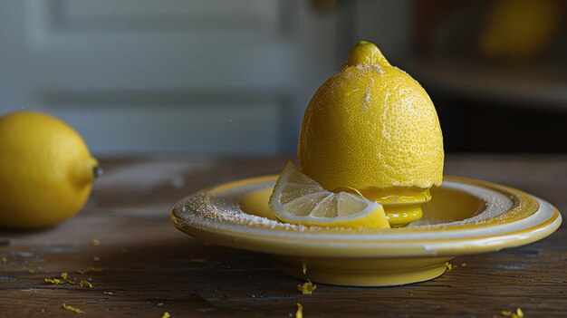 Foto uma bela imagem de natureza morta de um limão em um prato amarelo o limão é perfeitamente maduro e suculento e o prato é decorado com um padrão delicado