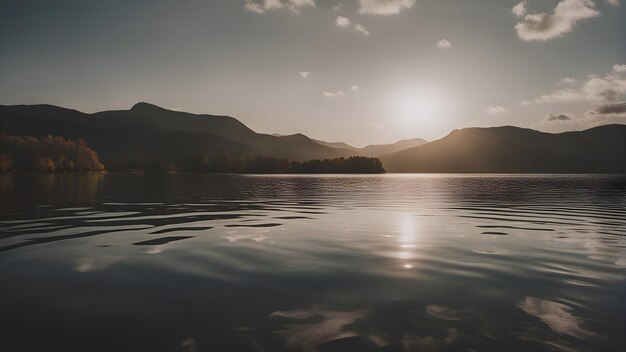 Foto uma bela imagem de paisagem de um lago com montanhas ao fundo ao pôr-do-sol