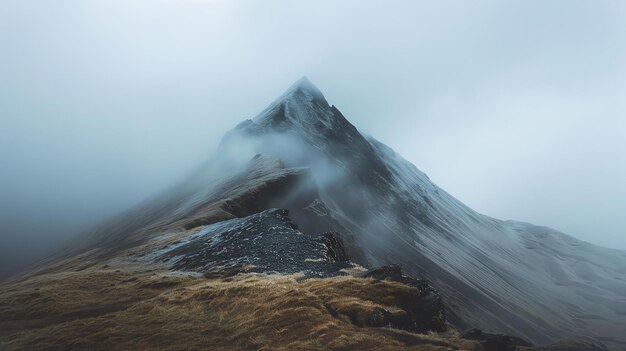 Foto uma bela imagem de paisagem de um pico de montanha coberto de neve se erguendo acima das nuvens o céu está nebuloso e a montanha está parcialmente obscurecida por nuvens