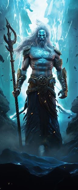 Uma bela imagem de Poseidon, o deus dos mares, o deus olímpico, o deus grego, a mitologia, a imagem administrada pela IA.