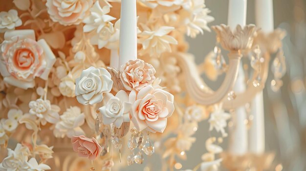 Uma bela imagem de um arranjo floral com rosas de creme e pêssego As flores estão dispostas em círculo com uma vela branca no centro