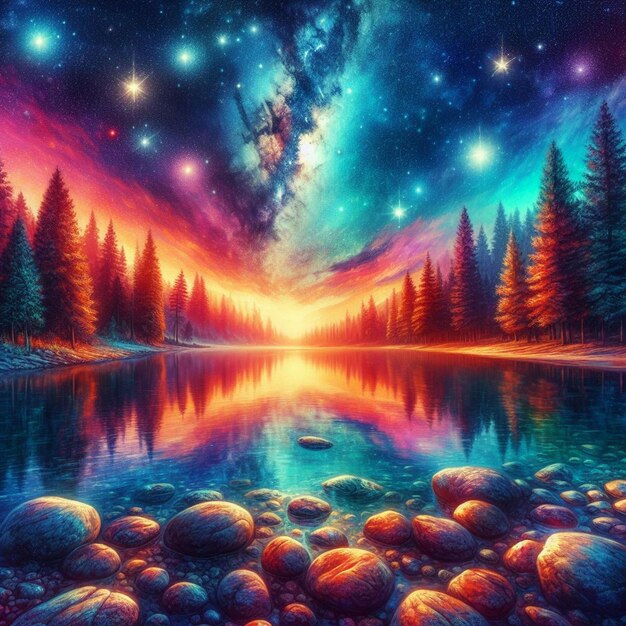 Uma bela imagem de um céu estrelado com um lago ou rio azulejos em cores vibrantes