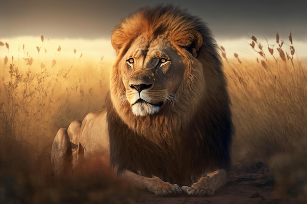Uma bela imagem de um leão africano em uma planície da savana africana na África oriental e meridional