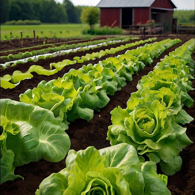 Uma bela imagem de uma fazenda cultivando alface com muita folhagem verde gnearada por IA