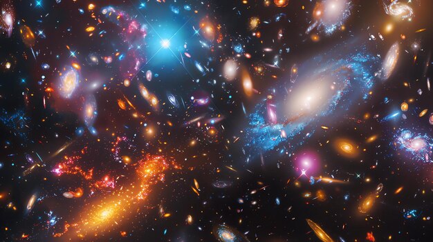 Foto uma bela imagem do espaço exterior mostrando um aglomerado de galáxias as cores são vibrantes e saturadas e as estrelas são brilhantes e numerosas