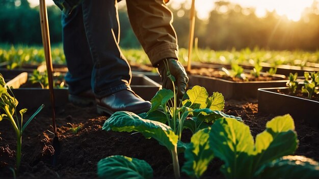 Foto uma bela imagem matinal na hora dourada de um jardim de legumes apenas sendo plantado com o devido gotejamento