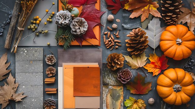 Uma bela imagem plana de folhas de outono, abóboras e outros elementos naturais