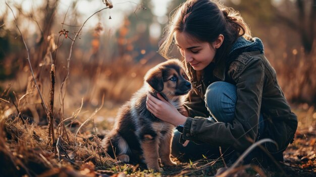 Foto uma bela jovem a brincar com um cachorrinho.