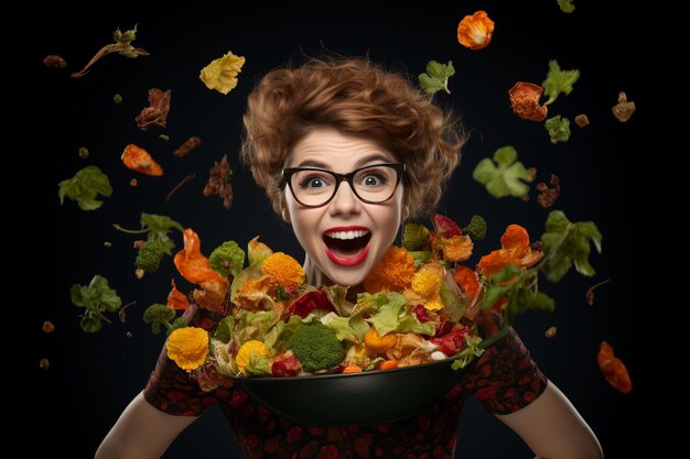 Foto uma bela jovem a comer uma salada saudável.