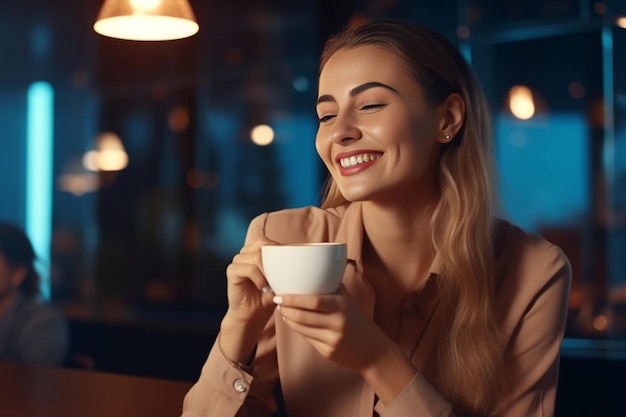 Uma bela jovem a desfrutar do café com os olhos fechados.