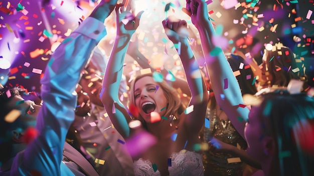 Uma bela jovem a divertir-se numa festa com as suas amigas, todos a dançar e a rir, e a mulher a atirar confetes ao ar.