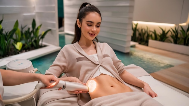 Foto uma bela jovem a fazer uma massagem linfática num spa de saúde e beleza.