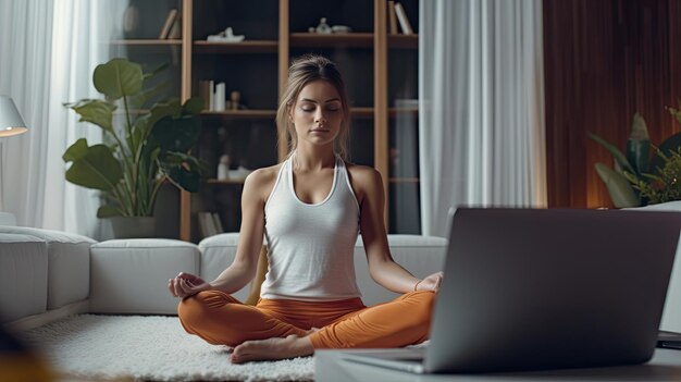 Foto uma bela jovem a praticar ioga e a ver vídeos no laptop a treinar na sala de estar em casa.