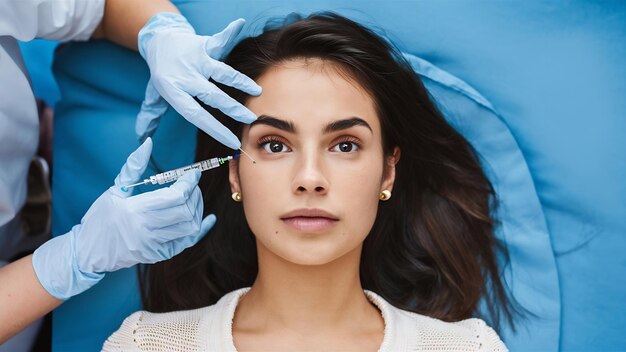 Uma bela jovem a receber uma injecção de botox no rosto.