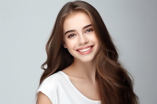 uma bela jovem adolescente sorrindo com dentes limpos usado para uma menina de anúncio dental IA generativa