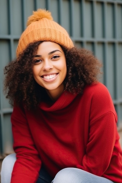 Uma bela jovem afro-americana sorridente vestindo um chapéu de tricô e posando alegremente em fundo colorido