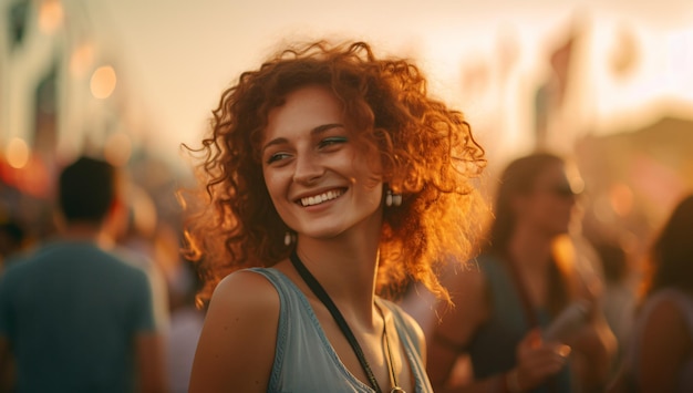 Foto uma bela jovem brasileira com cabelos cacheados sorrindo em um festival