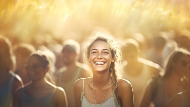 Foto uma bela jovem brasileira com cabelos cacheados sorrindo em um festival