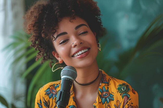 Uma bela jovem canta enquanto sorri para um microfone