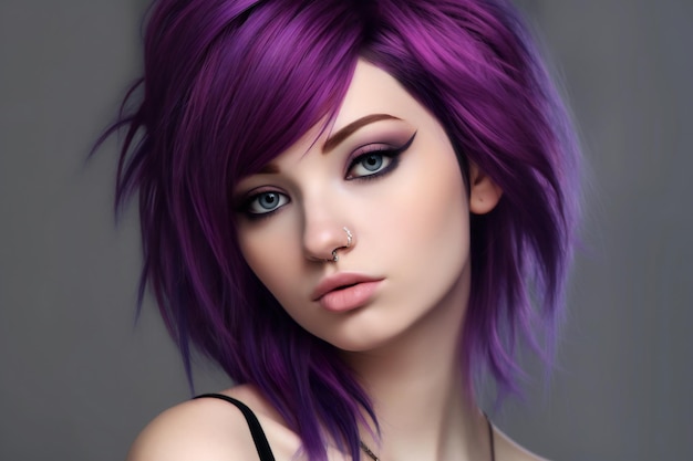 Uma bela jovem com cabelo roxo e maquiagem elegante.