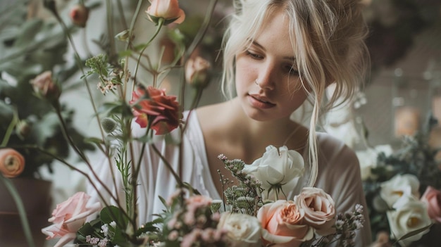 Uma bela jovem com cabelos loiros e um vestido branco está arranjando flores em um vaso