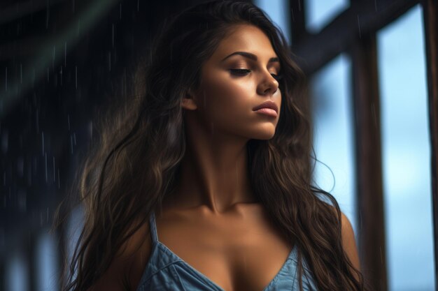 Foto uma bela jovem com cabelos longos em frente a uma janela na chuva