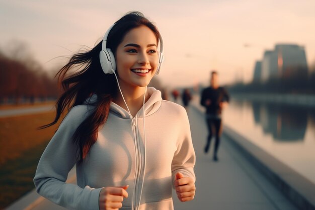 Foto uma bela jovem com fones de ouvido correndo ao ar livre