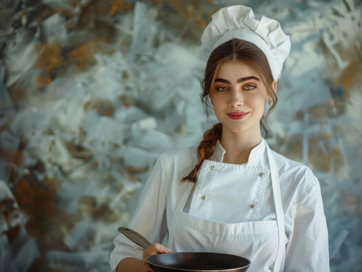 Foto uma bela jovem com um avental branco e um chapéu de cozinheiro segurando uma panela com uma faca afiada em volta