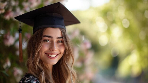 Uma bela jovem com um boné de formatura sorri alegremente enquanto olha para a câmera