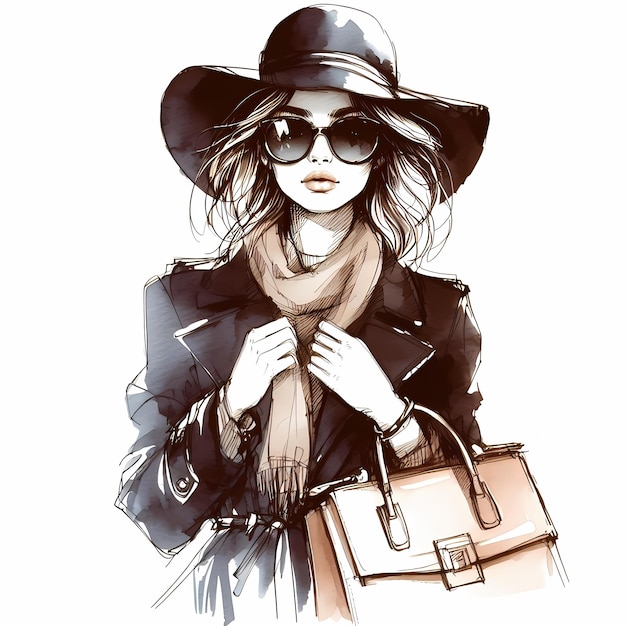 Uma bela jovem com um chapéu e óculos de sol, uma rapariga de moda com uma bolsa nas mãos.