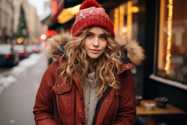 uma bela jovem com um chapéu vermelho e casaco em uma rua da cidade