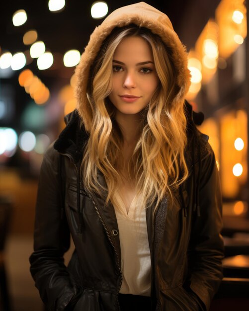 uma bela jovem com uma jaqueta de couro preta