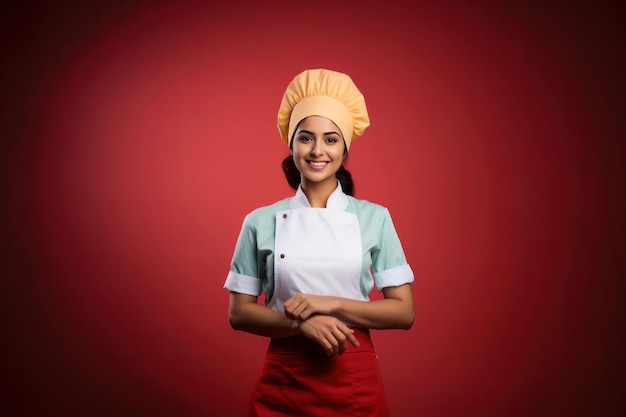 Uma bela jovem cozinheira indiana sorrindo e olhando para a câmera enquanto está isolada em um fundo plano