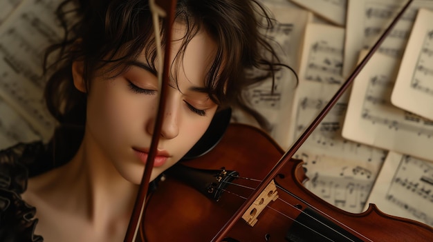 Foto uma bela jovem de cabelos longos está tocando violino, com os olhos fechados e perdida na música.