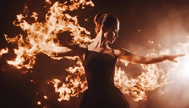 Foto uma bela jovem de vestido preto a dançar no fogo.