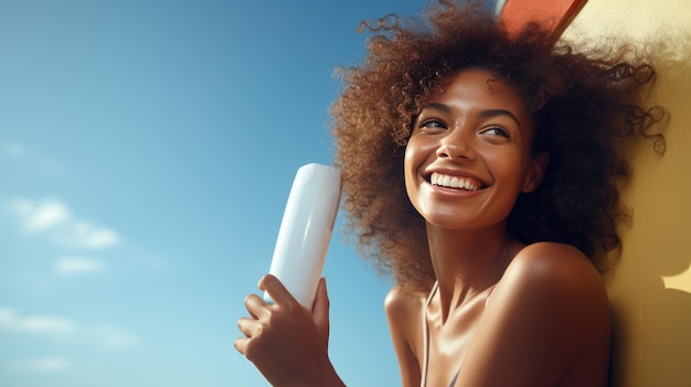 Foto uma bela jovem em uma praia ensolarada segurando protetor solar criado com tecnologia generative ai