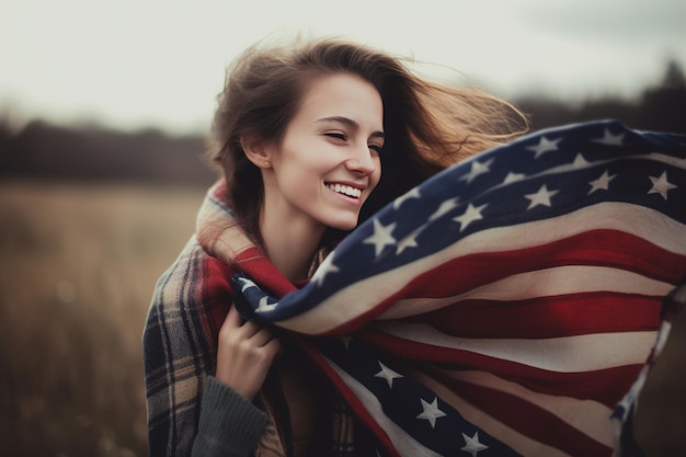 Uma bela jovem envolta em uma bandeira americana no pescoço no campo