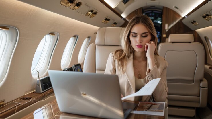 Foto uma bela jovem está sentada num avião privado a trabalhar no seu portátil.