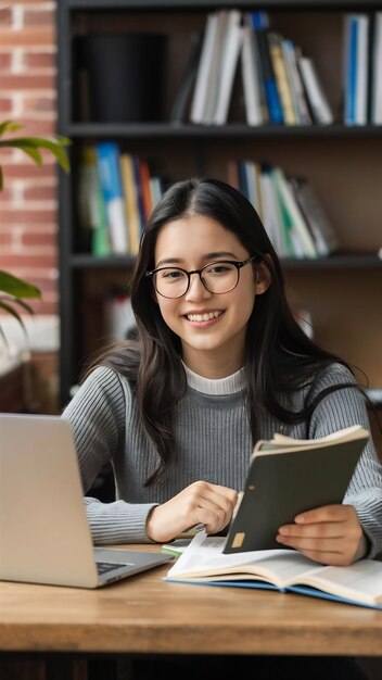 Uma bela jovem estudante preparando-se para seus exames de inglês no campus da universidade usando um laptop e um han