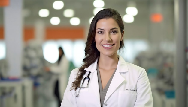 uma bela jovem médica sorridente na frente de um fundo de laboratorium de hospital branco embaçado