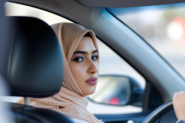 uma bela jovem muçulmana de hijab leve conduz um veículo visando conceitos de discriminação, sucesso e independência da diversidade cultural das mulheres muçulmanas