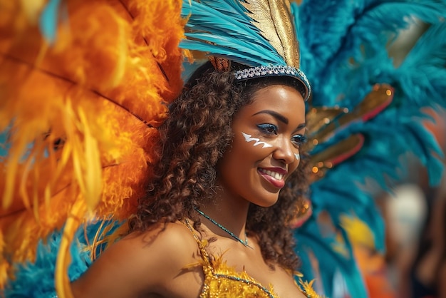 Uma bela jovem mulher de penas em um traje muito colorido com penas no desfile do Carnaval