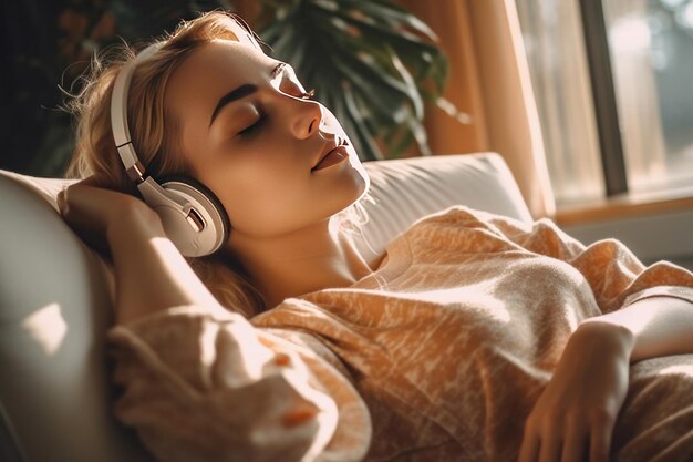 Foto uma bela jovem ouvindo música enquanto descansa no sofá em casa