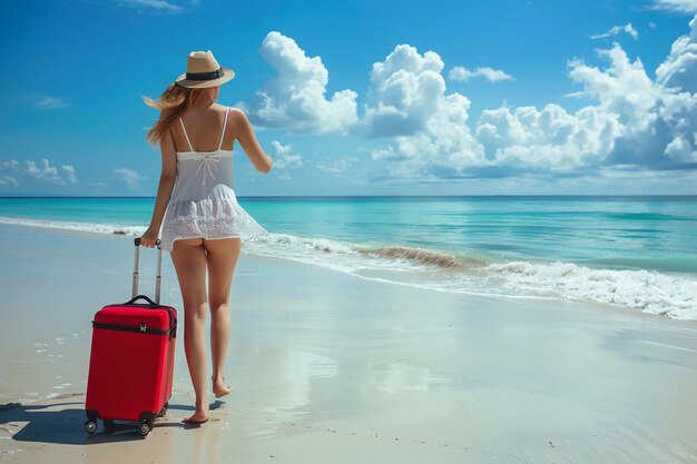 Foto uma bela jovem passeia pela praia de areia com uma mala na mão viagem de verão