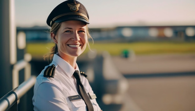 uma bela jovem piloto sorridente em frente a um fundo desfocado do aeroporto