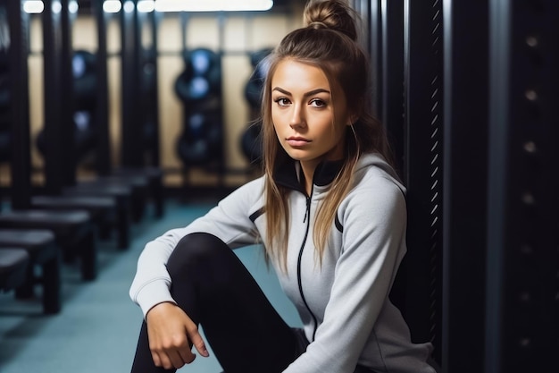Uma bela jovem sentada no vestiário do ginásio, uma atleta em roupas esportivas a preparar-se para treinar no ginásio.