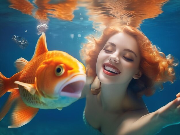 Foto uma bela jovem sorrindo debaixo d'água segurando um peixe-dourado